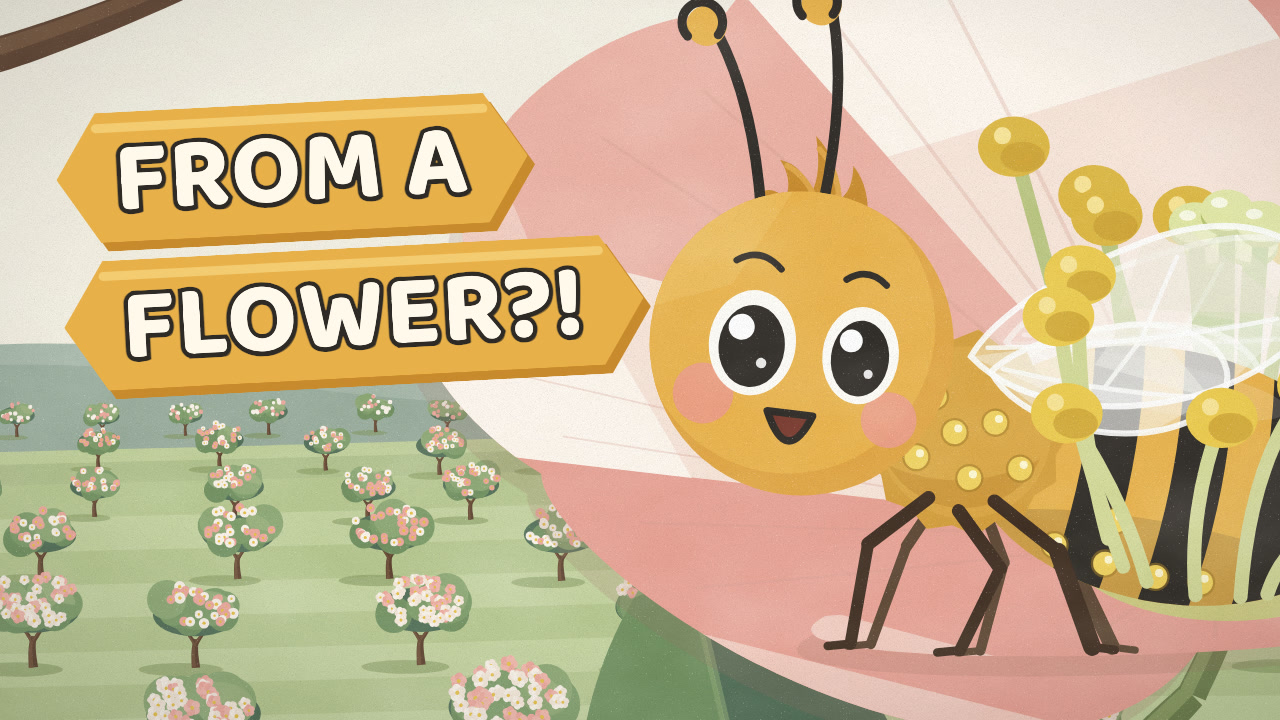 Bea the honey bee on a pink apple blossom, with the words From a flower?!