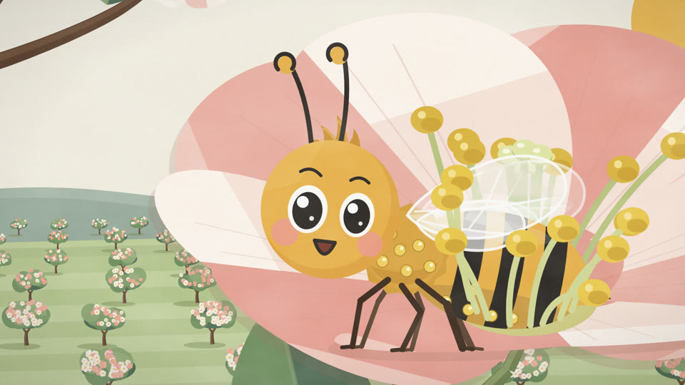 Cover art: Bea the honey bee on a pink apple blossom